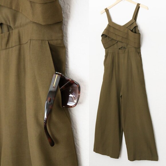 Moon River Olive Green Jumpsuit M Pleated Crisscross Cutout Wide Leg Pockets - Picture 13 of 16